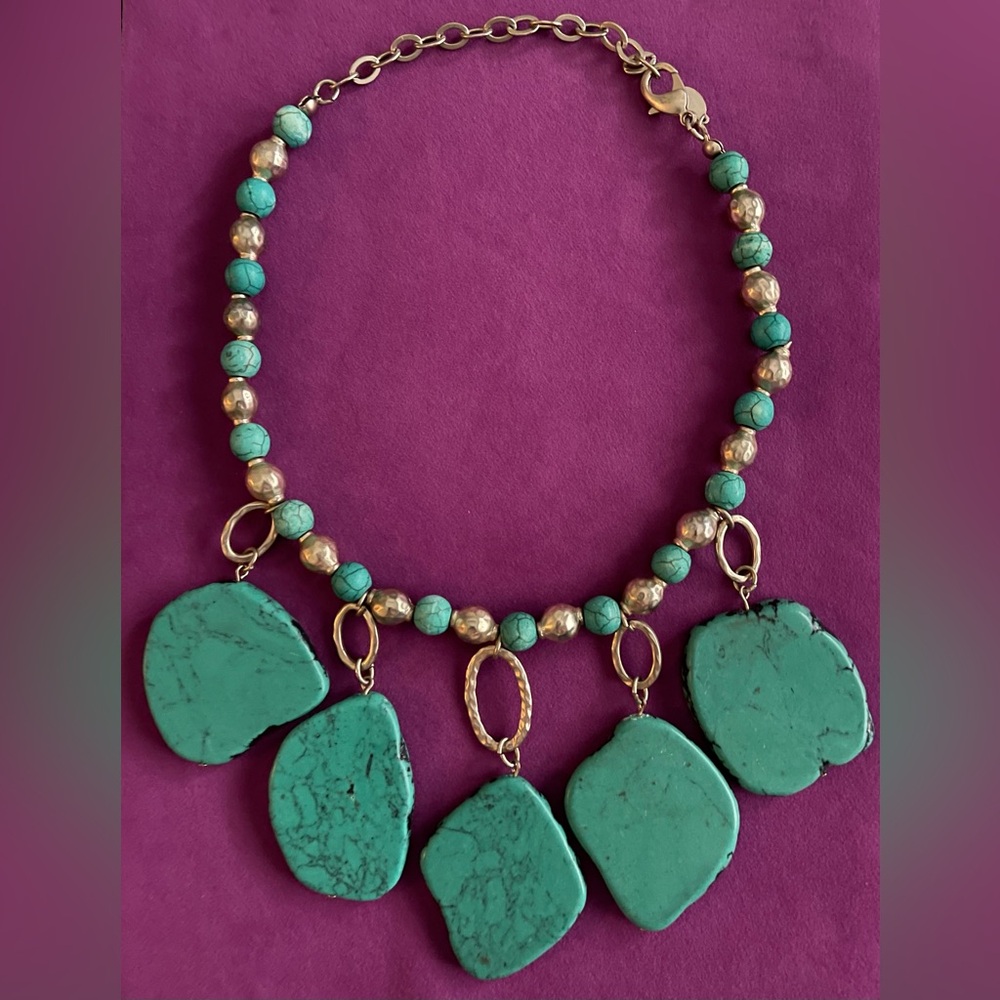 Chicos, large turquoise stones and gold necklace /10”with turquoise & gold beads